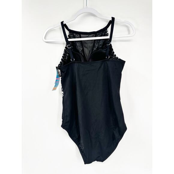 SWIM SOLUTIONS Tummy Control Black White Halter Mesh Insert Swimsuit NWT 10 - Picture 5 of 7